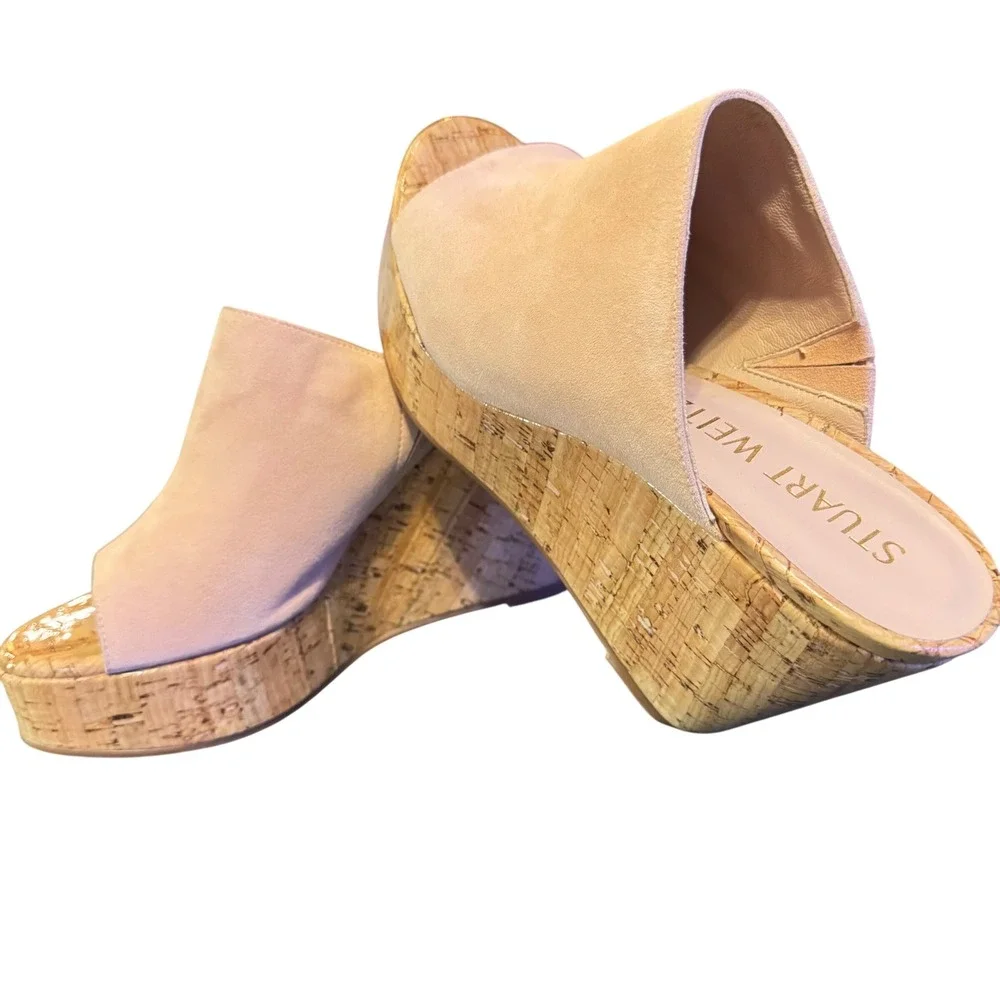NWOT Stuart Weitzman Margarite Blush Suede Cork Wedge Platform Spain SZ7 PeepToe - Picture 2 of 9